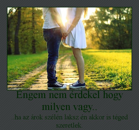 Engem nem érdekel hogy milyen vagy..
 
..ha az árok szélén laksz én akkor is téged szeretlek.