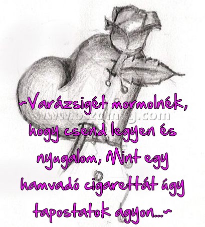 ~Varázsigét mormolnék
 
~Varázsigét mormolnék, hogy csend legyen és nyugalom, Mint egy hamvadó cigarettát úgy tapostatok agyon...~