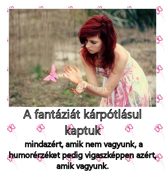 A fantáziát kárpótlásul kaptuk
 
 mindazért, amik nem vagyunk, a humorérzéket pedig vigaszképpen azért, amik vagyunk.