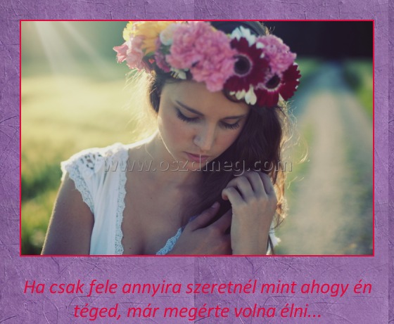 Ha csak feleannyira
 
Ha csak fele annyira szeretnél mint ahogy én téged, már megérte volna élni...