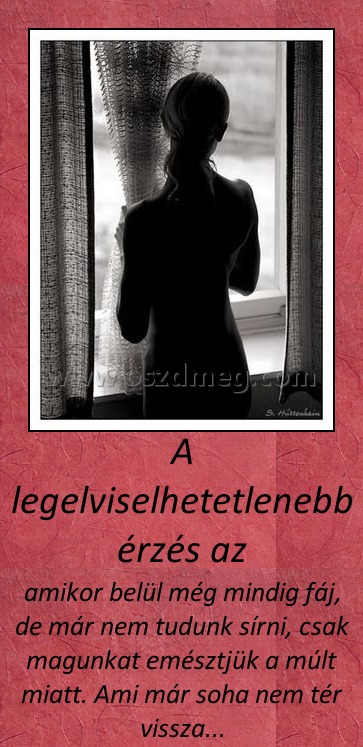 A legelviselhetetlenebb érzés az
 
amikor belül még mindig fáj, de már nem tudunk sírni, csak magunkat emésztjük a múlt miatt. Ami már soha nem tér vissza...