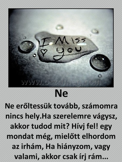 Ne
 
Ne erőltessük tovább, számomra nincs hely.Ha szerelemre vágysz, akkor tudod mit? Hívj fel! egy mondat még, mielőtt elhordom az irhám, Ha hiányzom, vagy valami, akkor csak írj rám...