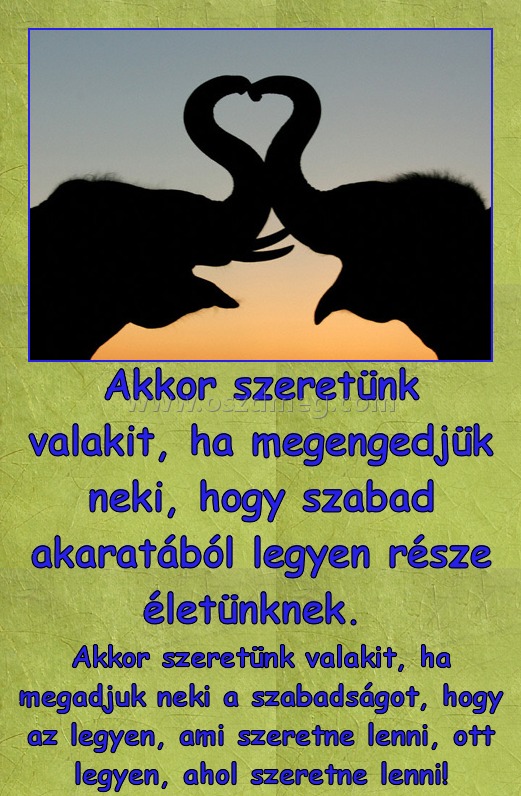 Akkor szeretünk valakit
 
Akkor szeretünk valakit, ha megadjuk neki a szabadságot, hogy az legyen, ami szeretne lenni, ott legyen, ahol szeretne lenni!