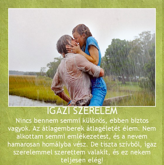 IGAZI SZERELEM
 
Nincs bennem semmi különös, ebben biztos vagyok. Az átlagemberek átlagéletét élem. Nem alkottam semmi emlékezetest, és a nevem hamarosan homályba vész. De tiszta szívből, igaz szerelemmel szerettem valakit, és ez nekem teljesen elég!