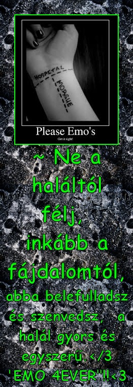 ~ Ne a haláltól félj,  inkább a fájdalomtól,
 
abba belefulladsz és szenvedsz,  a halál gyors és egyszerű.</3 'EMO 4EVER