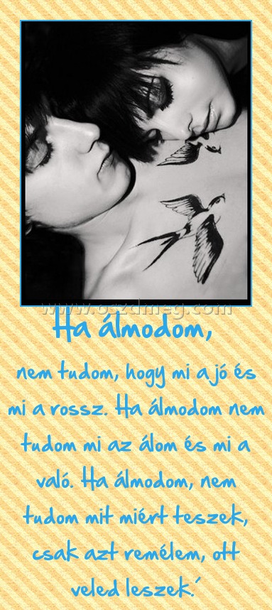 Ha álmodom, 
 
nem tudom, hogy mi a jó és mi a rossz. Ha álmodom nem tudom mi az álom és mi a való. Ha álmodom, nem tudom mit miért teszek, csak azt remélem, ott veled leszek.´