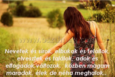 Nevetek és sírok
 
Nevetek és sírok, elbukok és felállok, elvesztek és találok, adok és elfogadok,változok,  közben magam maradok, élek de néha meghalok.. 