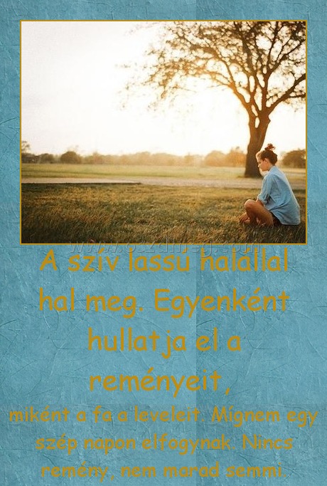 A szív lassú halállal hal meg. Egyenként hullatja el a reményeit, 
 
miként a fa a leveleit. Mígnem egy szép napon elfogynak. Nincs remény, nem marad semmi.