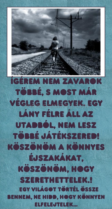 Ígérem nem zavarok többé
 
    egy világot törtél össze bennem, ne hidd, hogy könnyen elfelejtelek...