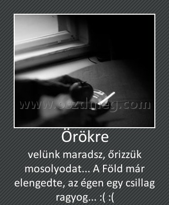 Örökre
 
velünk maradsz, őrizzük mosolyodat... A Föld már elengedte, az égen egy csillag ragyog... :( :(