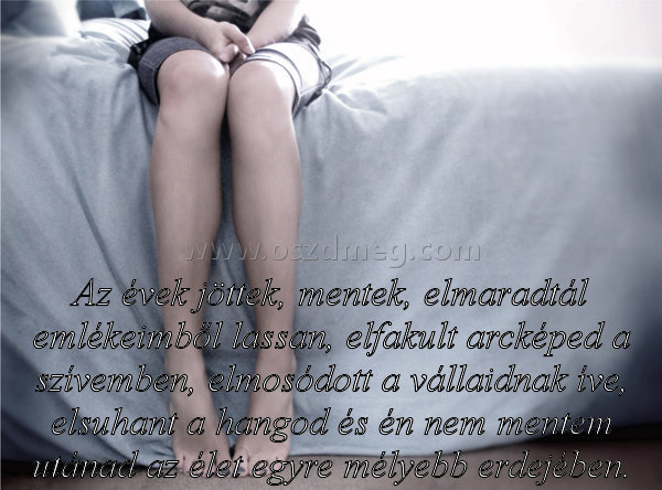 Az évek jöttek
 
Az évek jöttek, mentek, elmaradtál emlékeimből lassan, elfakult arcképed a szívemben, elmosódott a vállaidnak íve, elsuhant a hangod és én nem mentem utánad az élet egyre mélyebb erdejében.