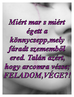 Miért mar s miért
 
Miért mar s miért égett a könnycsepp,mely fáradt szememből ered. Talán azért, hogy arcomra vésse; FELADOM,VÉGE?!