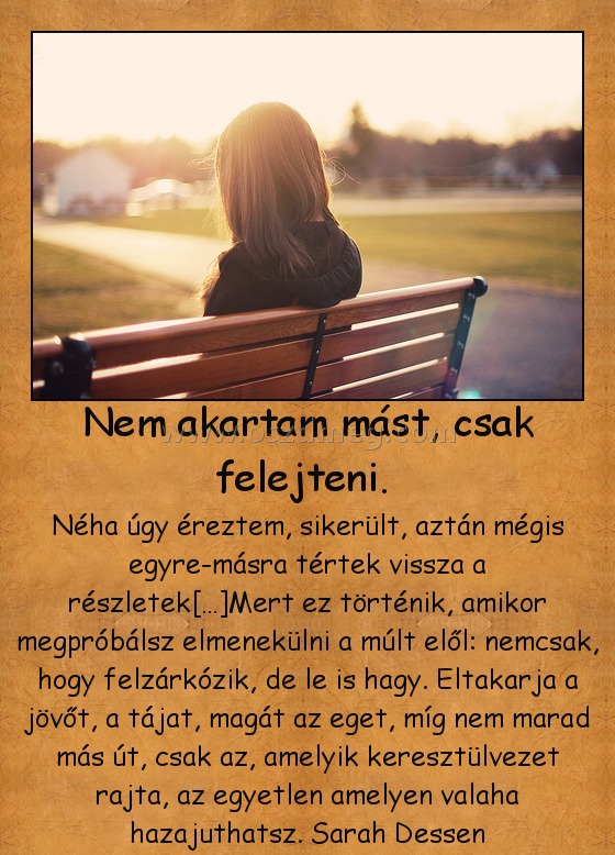 Nem akartam mást, csak felejteni. 
 
Néha úgy éreztem, sikerült, aztán mégis egyre-másra tértek vissza a részletek[…]Mert ez történik, amikor megpróbálsz elmenekülni a múlt elől: nemcsak, hogy felzárkózik, de le is hagy. Eltakarja a jövőt, a tájat, magát az eget, míg nem marad más út, csak az, amelyik keresztülvezet rajta, az egyetlen amelyen valaha hazajuthatsz. Sarah Dessen