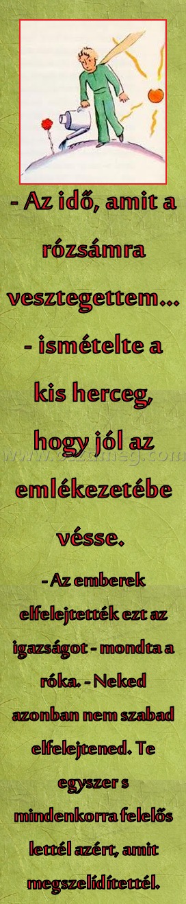 Az idő
 
- Az emberek elfelejtették ezt az igazságot - mondta a róka. - Neked azonban nem szabad elfelejtened. Te egyszer s mindenkorra felelős lettél azért, amit megszelídítettél.