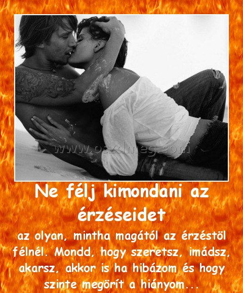 Ne félj kimondani az érzéseidet
 
az olyan, mintha magától az érzéstöl félnél. Mondd, hogy szeretsz, imádsz, akarsz, akkor is ha hibázom és hogy szinte megörít a hiányom...