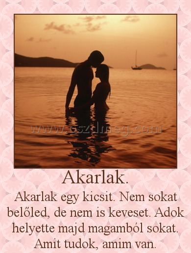 Akarlak.
 
Akarlak egy kicsit. Nem sokat belőled, de nem is keveset. Adok helyette majd magamból sokat. Amit tudok, amim van.