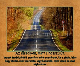 Az életolyan, mint 1 hosszú út.
 
Vannak dombok,felfelé vezető és lefelé vezető utak. De a végén, lehet hogy később, mint szeretnéd, vagy hamarabb, mint várod, de utad végére érsz.