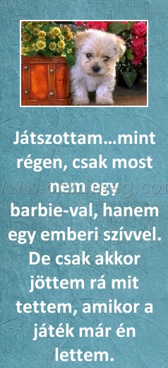 Játszottam
 
Játszottam…mint régen, csak most nem egy barbie-val, hanem egy emberi szívvel. De csak akkor jöttem rá mit tettem, amikor a játék már én lettem.