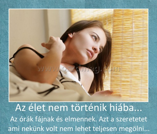 Az élet nem történik hiába...
 
Az órák fájnak és elmennek. Azt a szeretetet ami nekünk volt nem lehet teljesen megölni...