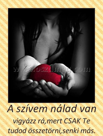 A szívem nálad van
 
vigyázz rá,mert CSAK Te tudod összetörni,senki más.