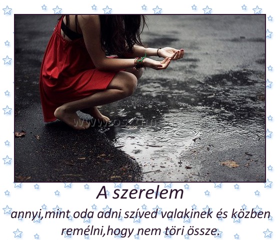 A szerelem
 
annyi,mint oda adni szíved valakinek és közben remélni,hogy nem töri össze.