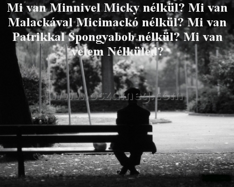 Mi van Minnivel Micky
 
Mi van Minnivel Micky nélkül? Mi van Malackával Micimackó nélkül? Mi van Patrikkal Spongyabob nélkül? Mi van velem Nélküled?
