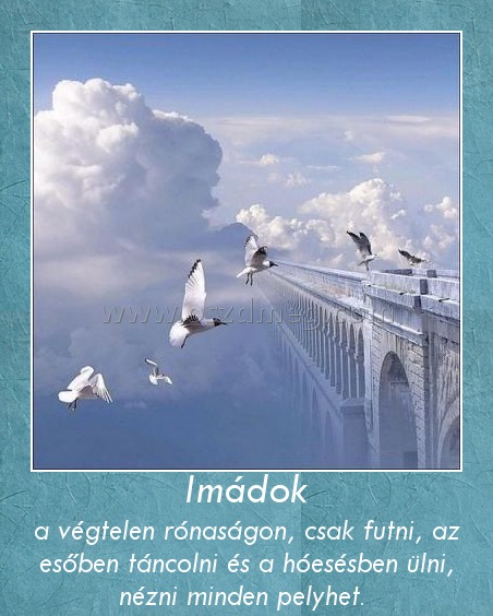 Imádok
 
a végtelen rónaságon, csak futni, az esőben táncolni és a hóesésben ülni, nézni minden pelyhet. 