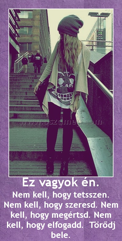 Ez vagyok én.
 
Nem kell, hogy tetsszen. Nem kell, hogy szeresd. Nem kell, hogy megértsd. Nem kell, hogy elfogadd.  Törődj bele.