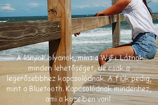  A lányok olyanok
 
 A lányok olyanok, 
003766
mint a WiFi. Látnak minden lehetőséget, de csak a legerősebbhez kapcsolódnak. A fiúk pedig, mint a Bluetooth. Kapcsolódnak mindenhez, ami a közelben van! 