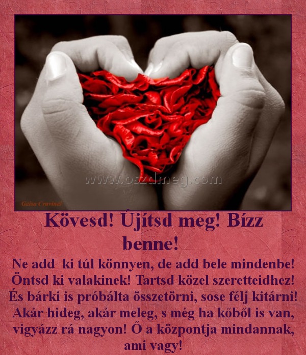 Kövesd! Újítsd meg! Bízz benne! 
 
Ne add  ki túl könnyen, de add bele mindenbe! Öntsd ki valakinek! Tartsd közel szeretteidhez! És bárki is próbálta összetörni, sose félj kitárni! Akár hideg, akár meleg, s még ha kőből is van, vigyázz rá nagyon! Ő a központja mindannak, ami vagy!