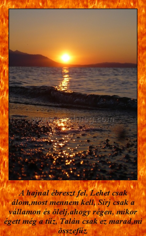 A hajnal ébreszt fel
 
A hajnal ébreszt fel, Lehet csak álom,most mennem kell, Sírj csak a vállamon és ölelj,ahogy régen, mikor égett még a tűz, Talán csak ez marad,mi összefűz.