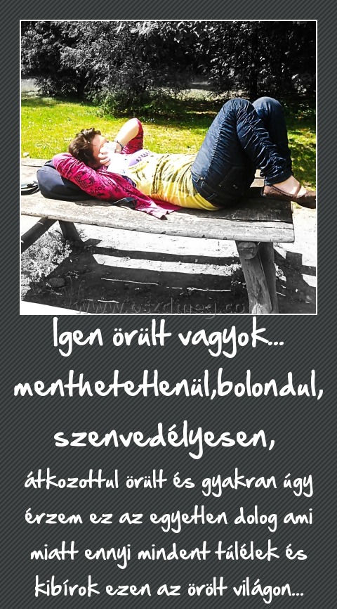 Igen örült vagyok... menthetetlenül,bolondul, szenvedélyesen, 
 
átkozottul örült és gyakran úgy érzem ez az egyetlen dolog ami miatt ennyi mindent túlélek és kibírok ezen az örölt világon...