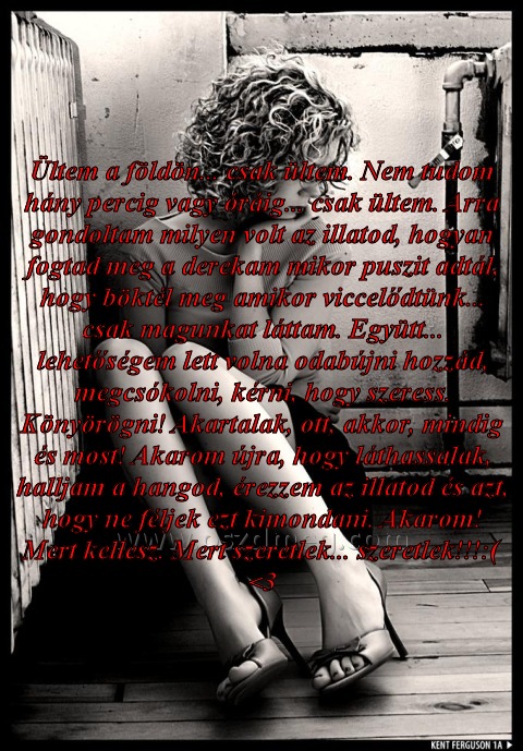 Ültem a földön... csak
 
Ültem a földön... csak ültem. Nem tudom hány percig vagy óráig... csak ültem. Arra gondoltam milyen volt az illatod, hogyan fogtad meg a derekam mikor puszit adtál, hogy böktél meg amikor viccelődtünk... csak magunkat láttam. Együtt... lehetőségem lett volna odabújni hozzád, megcsókolni, kérni, hogy szeress. Könyörögni! Akartalak, ott, akkor, mindig és most! Akarom újra, hogy láthassalak, halljam a hangod, érezzem az illatod és azt, hogy ne féljek ezt kimondani. Akarom! Mert kellesz. Mert szeretlek... szeretlek!!!:( <3