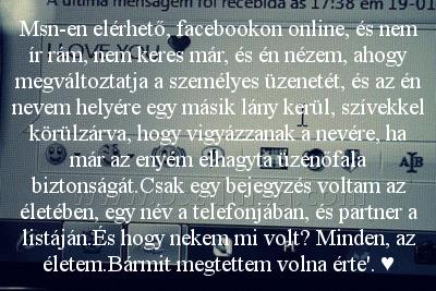 Msn-en elérhető
 
Msn-en elérhető, facebookon online, és nem ír rám, nem keres már, és én nézem, ahogy megváltoztatja a személyes üzenetét, és az én nevem helyére egy másik lány kerül, szívekkel körülzárva, hogy vigyázzanak a nevére, ha már az enyém elhagyta üzenőfala biztonságát.Csak egy bejegyzés voltam az életében, egy név a telefonjában, és partner a listáján.És hogy nekem mi volt? Minden, az életem.Bármit megtettem volna érte'. ♥