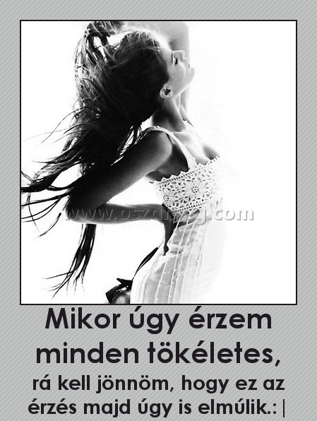 Mikor úgy érzem minden tökéletes,
 
rá kell jönnöm, hogy ez az érzés majd úgy is elmúlik.:|