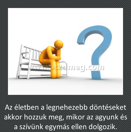 legnehezebb döntések
 
Az életben a legnehezebb döntéseket akkor hozzuk meg, mikor az agyunk és a szívünk egymás ellen dolgozik.