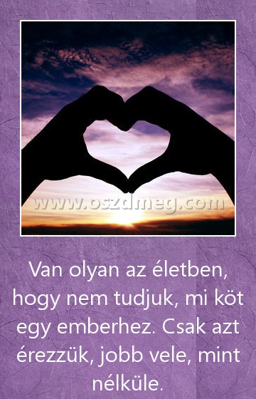 Van olyan az életben
 
Van olyan az életben, hogy nem tudjuk, mi köt egy emberhez. Csak azt érezzük, jobb vele, mint nélküle.
