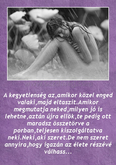 A kegyetlenség az
 
A kegyetlenség az,amikor közel enged valaki,majd eltaszít.Amikor megmutatja neked,milyen jó is lehetne,aztán újra ellök,te pedig ott maradsz összetörve a porban,teljesen kiszolgáltatva neki.Neki,aki szeret.De nem szeret annyira,hogy igazán az élete részévé válhass...