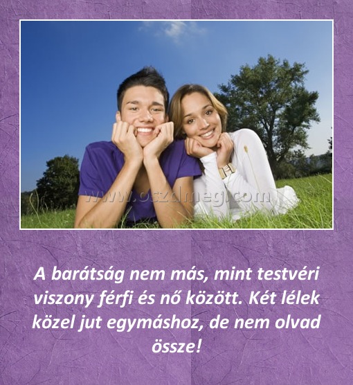 A barátság nem más
 
A barátság nem más, mint testvéri viszony férfi és nő között. Két lélek közel jut egymáshoz, de nem olvad össze!