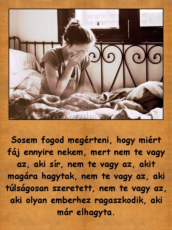 Sosem fogod megérteni
 
Sosem fogod megérteni, hogy miért fáj ennyire nekem, mert nem te vagy az, aki sír, nem te vagy az, akit magára hagytak, nem te vagy az, aki túlságosan szeretett, nem te vagy az, aki olyan emberhez ragaszkodik, aki már elhagyta.