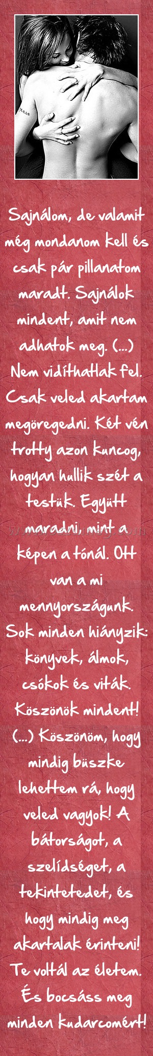 Sajnálom
 
Sajnálom, de valamit még mondanom kell és csak pár pillanatom maradt. Sajnálok mindent, amit nem adhatok meg. (...) Nem vidíthatlak fel. Csak veled akartam megöregedni. Két vén trotty azon kuncog, hogyan hullik szét a testük. Együtt maradni, mint a képen a tónál. Ott van a mi mennyországunk. Sok minden hiányzik: könyvek, álmok, csókok és viták. Köszönök mindent! (...) Köszönöm, hogy mindig büszke lehettem rá, hogy veled vagyok! A bátorságot, a szelídséget, a tekintetedet, és hogy mindig meg akartalak érinteni! Te voltál az életem. És bocsáss meg minden kudarcomért!