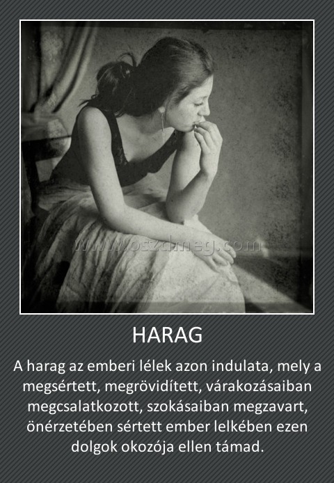 HARAG
 
A harag az emberi lélek azon indulata, mely a megsértett, megrövidített, várakozásaiban megcsalatkozott, szokásaiban megzavart, önérzetében sértett ember lelkében ezen dolgok okozója ellen támad.