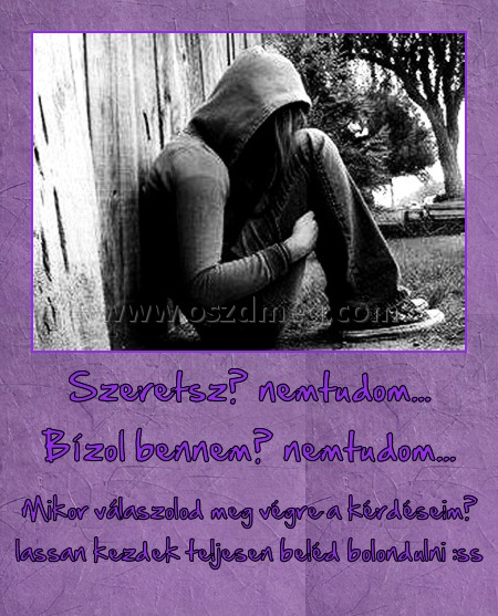 Szeretsz? nemtudom... Bízol bennem? nemtudom...
 
Mikor válaszolod meg végre a kérdéseim? lassan kezdek teljesen beléd bolondulni :ss