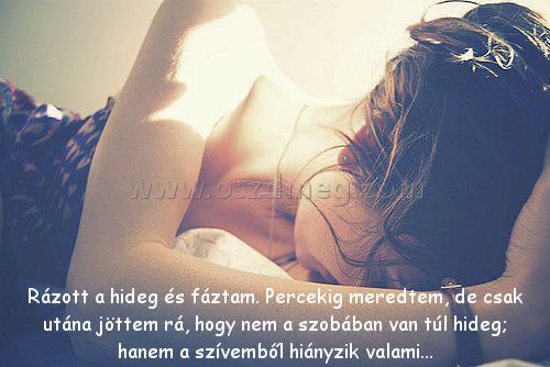 Rázott a hideg és
 
Rázott a hideg és fáztam. Percekig meredtem, de csak utána jöttem rá, hogy nem a szobában van túl hideg; hanem a szívemből hiányzik valami...