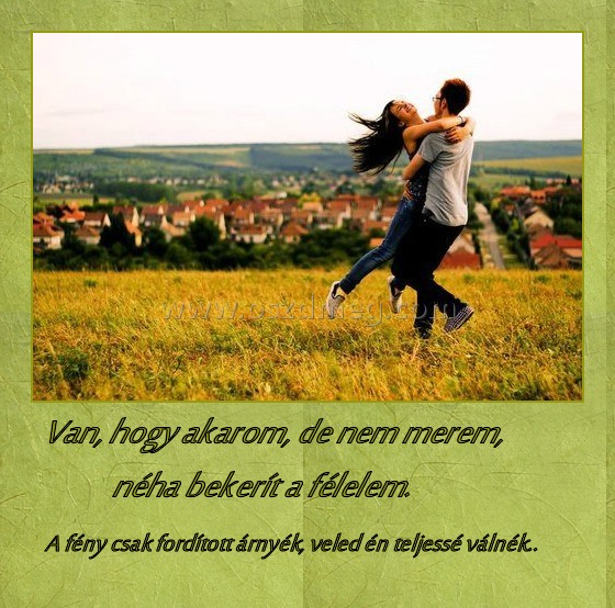             Van, hogy akarom, de nem merem, néha bekerít a félelem.
 
A fény csak fordított árnyék, veled én teljessé válnék.. 