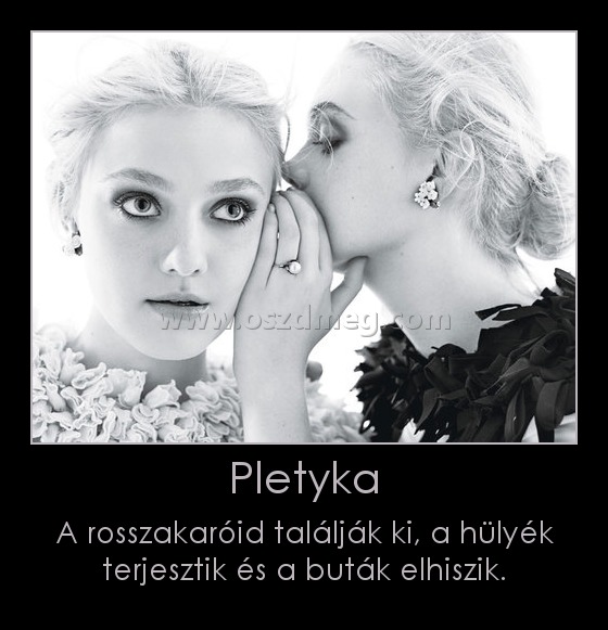 Pletyka
 
A rosszakaróid találják ki, a hülyék terjesztik és a buták elhiszik.