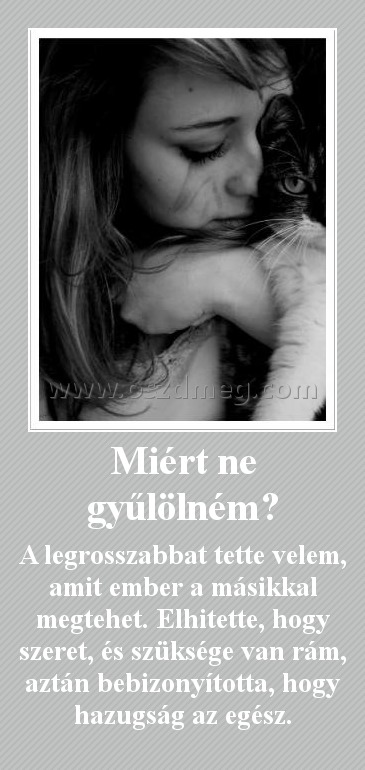 Miért ne gyűlölném?
 
A legrosszabbat tette velem, amit ember a másikkal megtehet. Elhitette, hogy szeret, és szüksége van rám, aztán bebizonyította, hogy hazugság az egész.