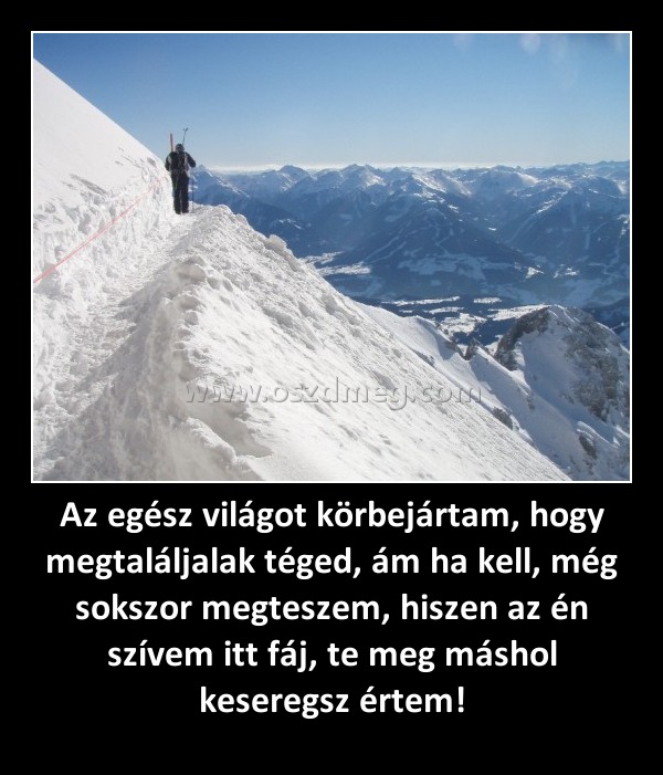 Az egész világot körbejártam, hogy megtaláljalak téged, ám ha kell, még sokszor megteszem, hiszen az én szívem itt fáj, te meg máshol keseregsz értem!
 

