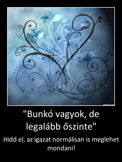 "Bunkó vagyok, de legalább őszinte"
 
Hidd el, az igazat normálisan is meglehet mondani!