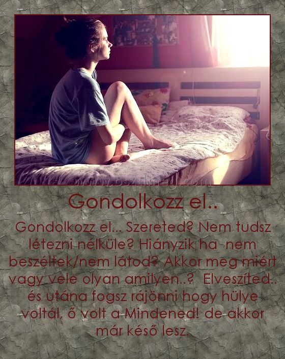 Gondolkozz el..
 
Gondolkozz el... Szereted? Nem tudsz létezni nélküle? Hiányzik ha  nem beszéltek/nem látod? Akkor meg miért vagy vele olyan amilyen..?  Elveszíted.. és utána fogsz rájönni hogy hülye voltál, ő volt a Mindened! de akkor már késő lesz.